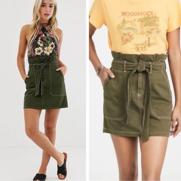 Free People Splendor In The Grass PaperBag Waist Mini Skirt in Army Green Size 6 - Picture 1 of 8